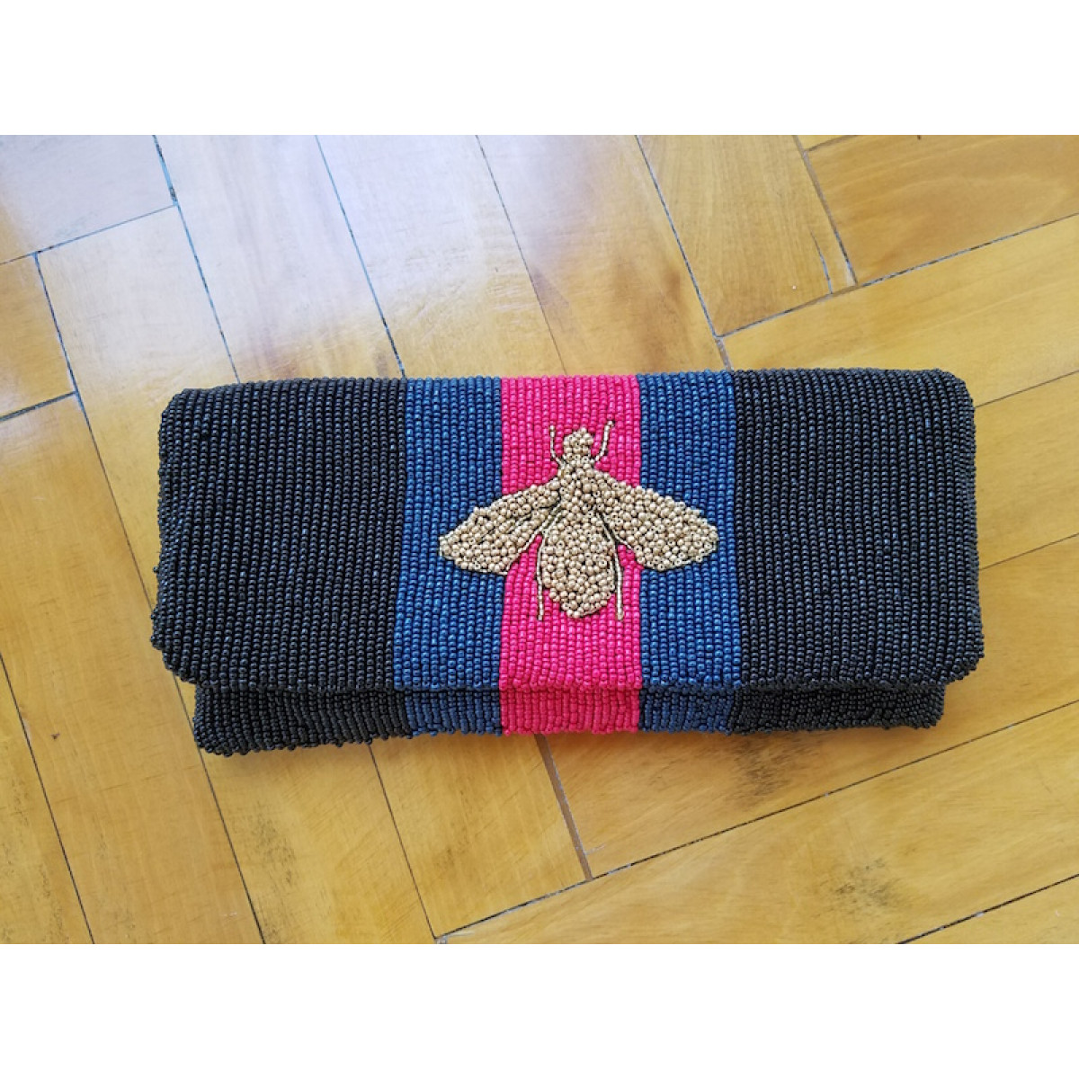 Fold Over Striped Clutch with Bee