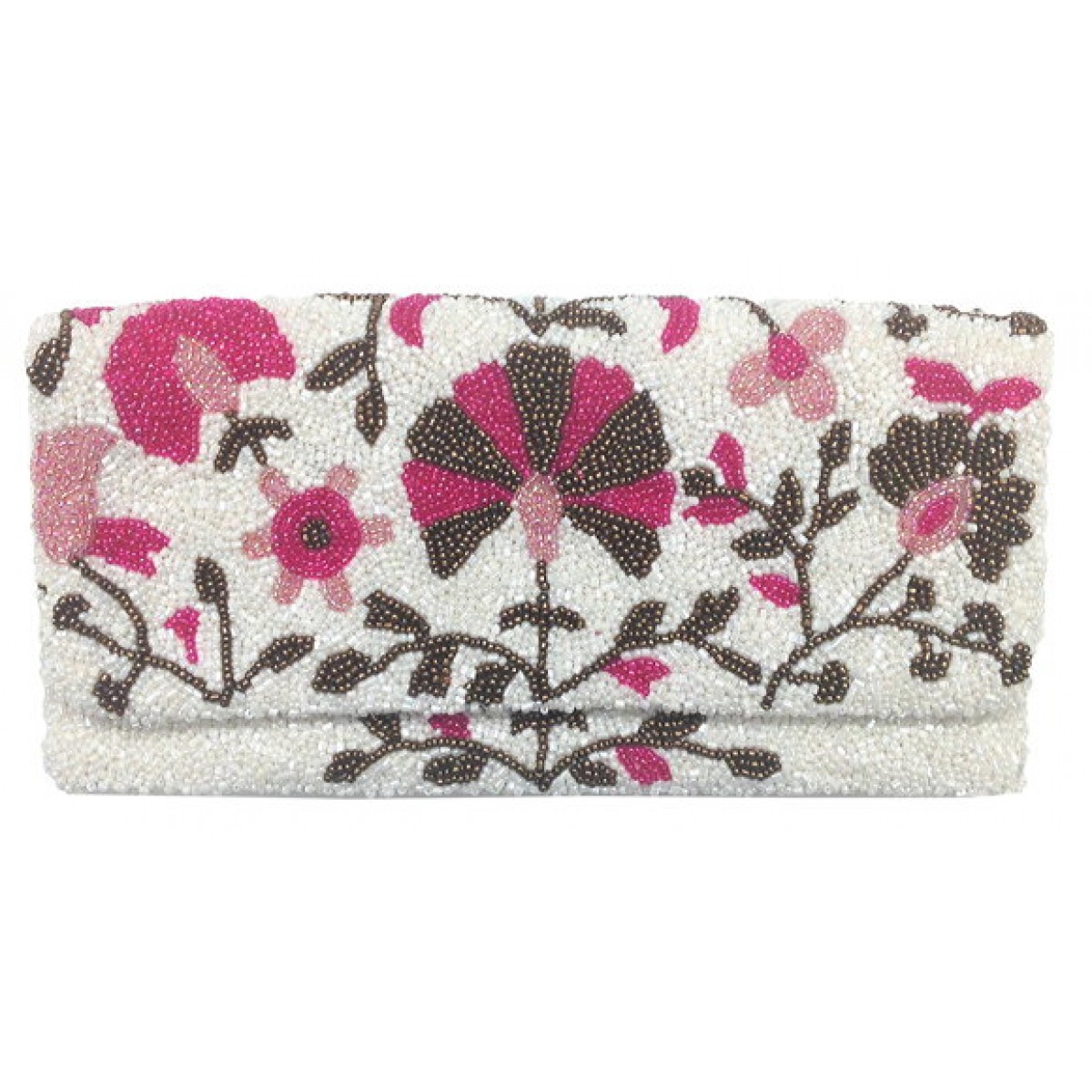 Beaded Floral Print Fold Over Clutch