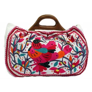 Embroidered Canvas Bag with Wooden Handle