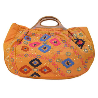 Embroidered Tote Bag with Wooden Handles