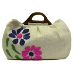 Jute Floral Beaded Tote with Wooden Handles